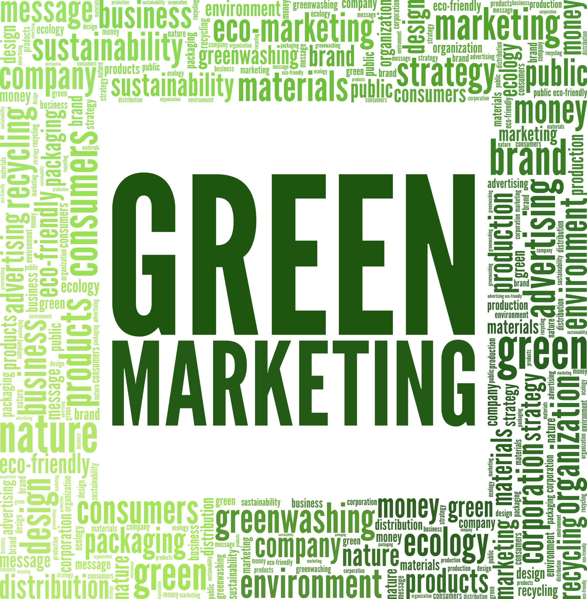 Green Marketing Wordmark in green surrounded by a word-cloud of related words including "green, advertising, company, strategy, production, public, material, and greenwashing